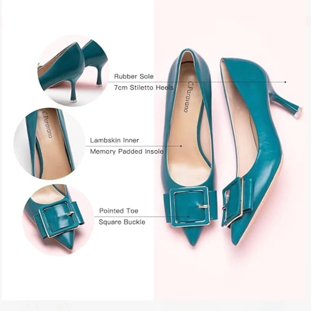C.Paravano Peacock Blue Buckle Pumps Sz 36 / 5.5 Leather Pointed Toe Kitten Heel